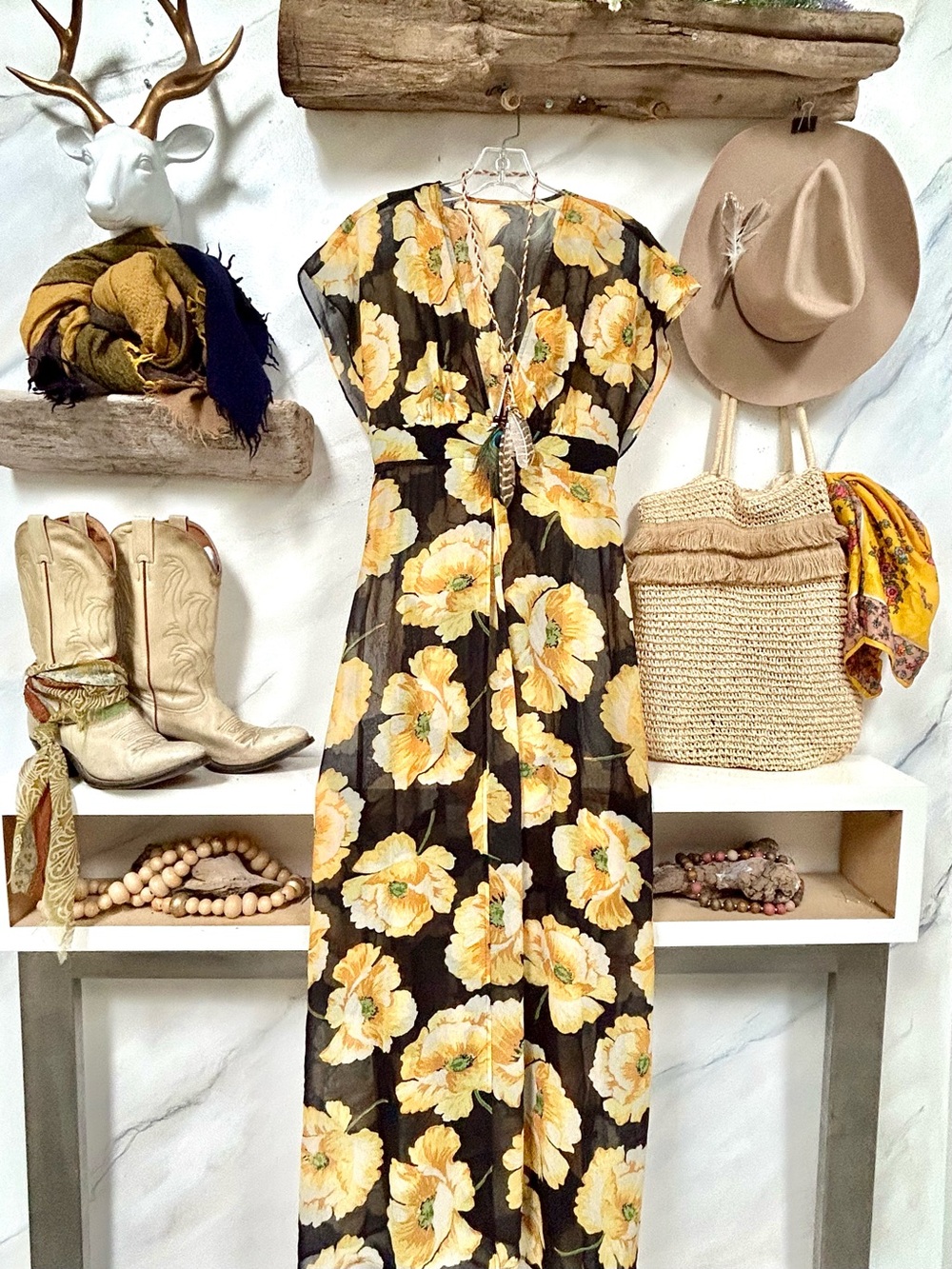 Yellow Floral Maxi Dress or cover up duster w resort vacay festival hippy vibe